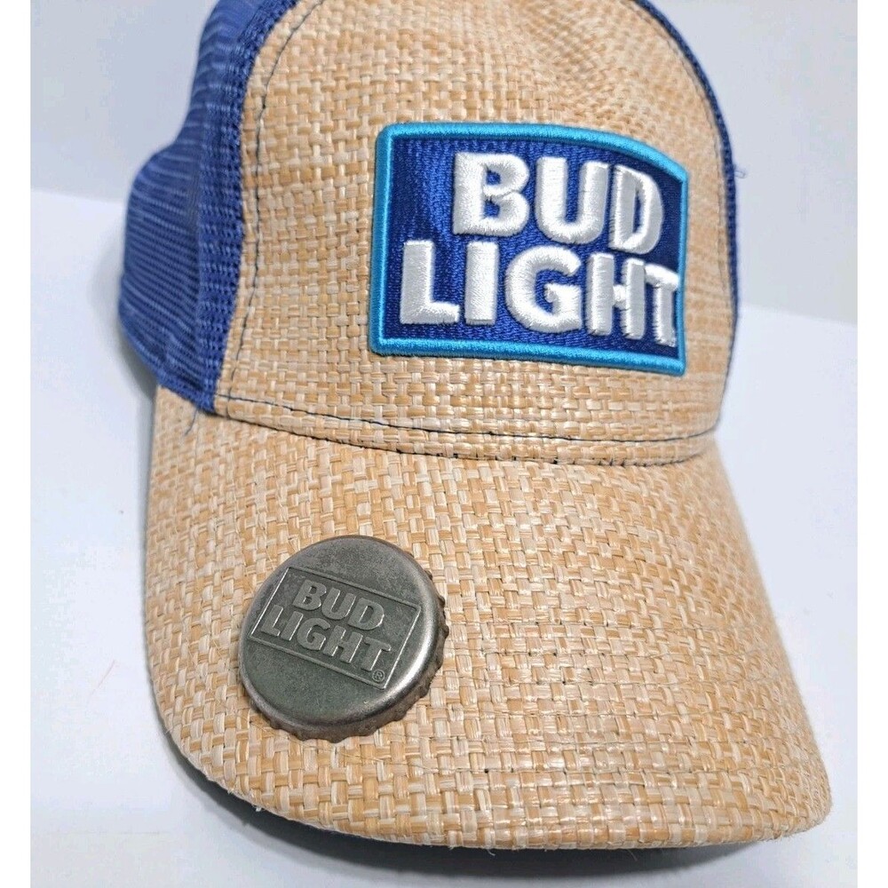 Bud Light Metal Beer Cap Bottle Opener Straw Hat Snapback Baseball Cap Trucker - Picture 2 of 8